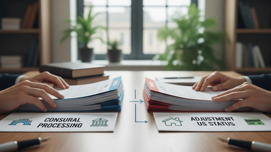 eb-4 consular processing vs adjustment of status - Professional illustration