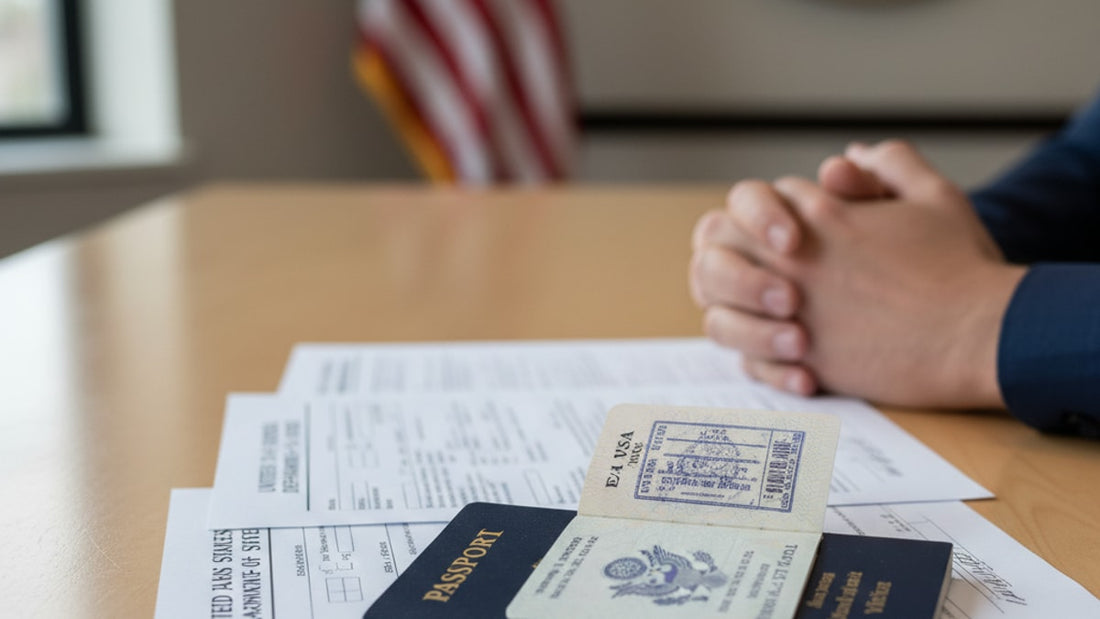 e-1 visa stamp process at embassy - Professional illustration