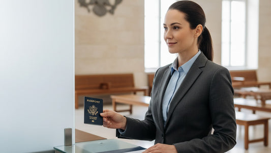 e-2 visa stamp process at embassy - Professional illustration