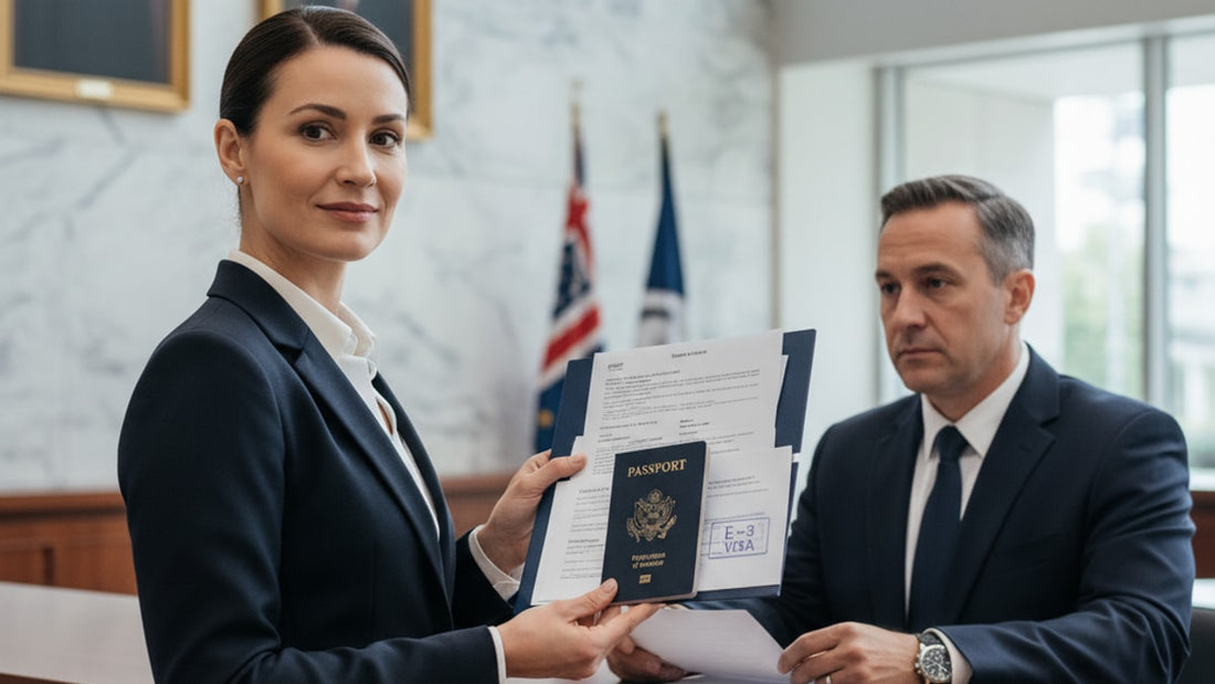 e-3 visa stamp process at embassy - Professional illustration
