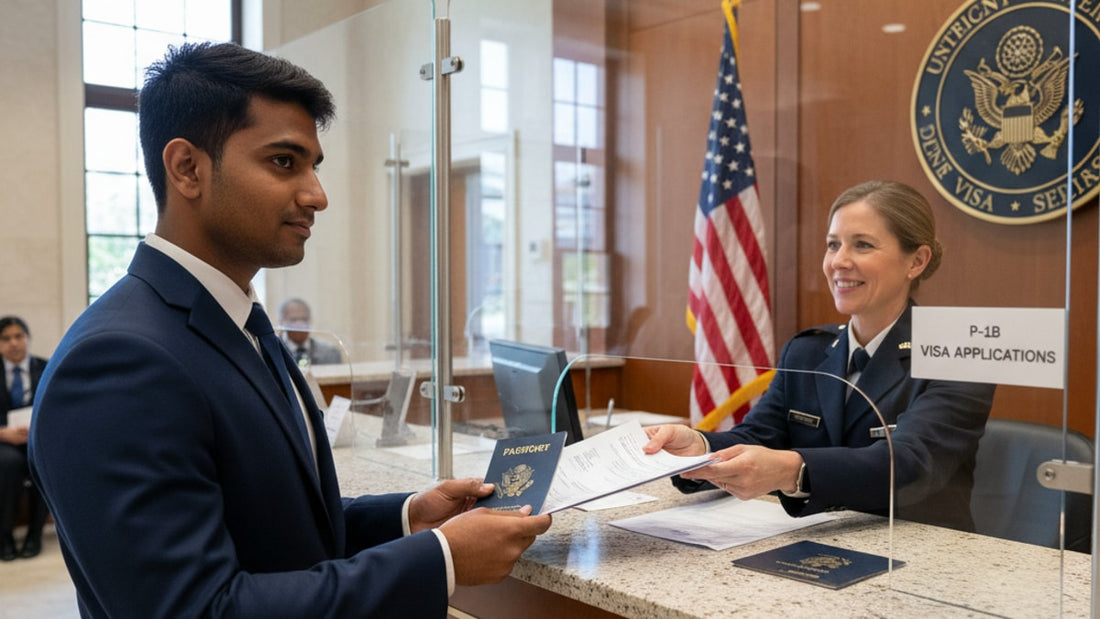p-1b visa stamp process at embassy - Professional illustration