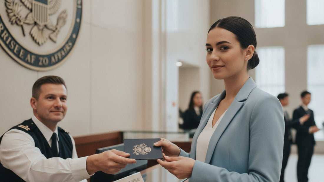 j-1 visa stamp process at embassy - Professional illustration