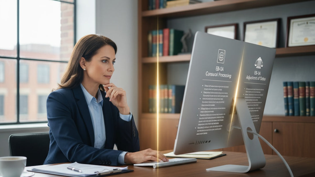 eb-1a consular processing vs adjustment of status - Professional illustration